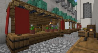 Imperial City Market District from The Elder Scrolls Oblivion rebuilt in Minecraft — Elder Scrolls Minecraft shops and merchant stalls.