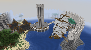 Imperial City Waterfront from Oblivion rebuilt in Minecraft — Elder Scrolls themed harbor with ships and wooden docks in Minecraft.