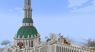 Alt=Recreation of the Imperial City from The Elder Scrolls Oblivion rebuilt in Minecraft — a Skyrim and Elder Scrolls–inspired hub city with detailed districts and the White-Gold Tower.