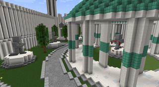 Arboretum District of the Imperial City rebuilt in Minecraft, inspired by The Elder Scrolls Oblivion — lush gardens and temple statues recreated in Elder Scrolls Minecraft style.