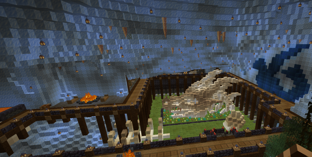 The Dragon’s Lair in Minecraft — a massive frozen cave with a dragon skeleton, inspired by Skyrim’s ancient Nordic ruins. Image 01