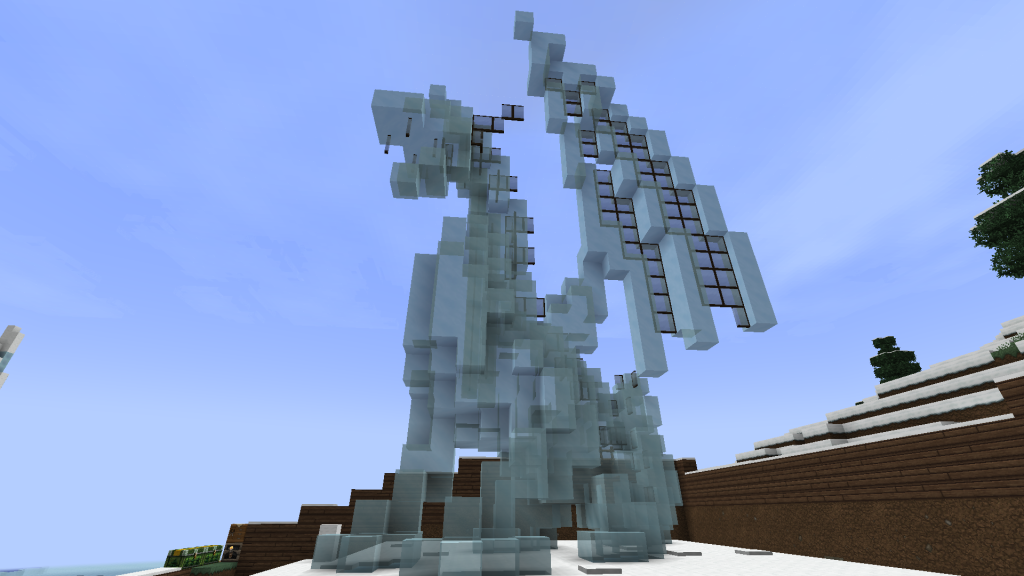 Minecraft Ice Dragon statue inspired by Skyrim dragons, built from packed ice and glas plane blocks in an Elder Scrolls themed world. Image 01.