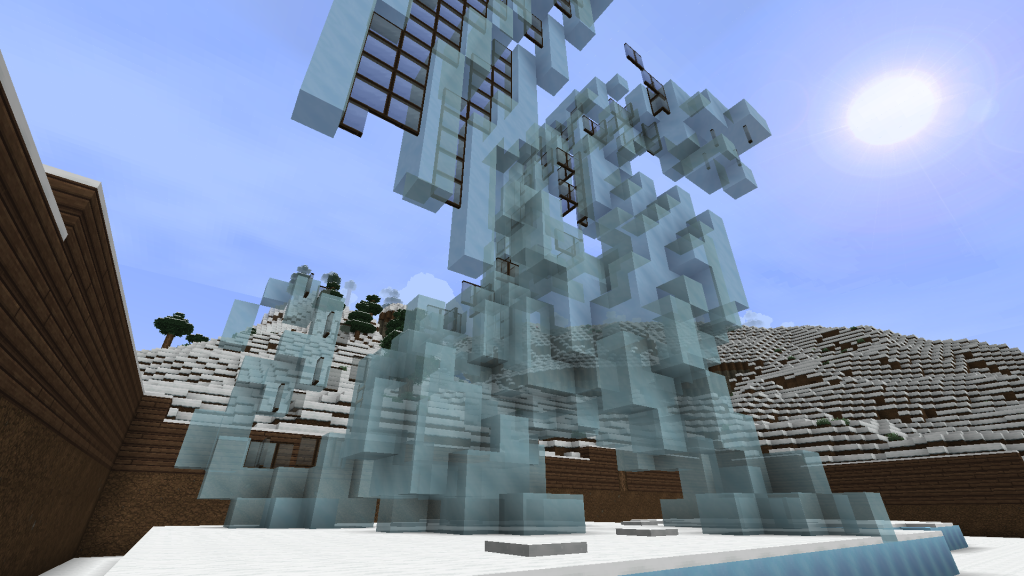 Minecraft Ice Dragon statue inspired by Skyrim dragons, built from packed ice and glas plane blocks in an Elder Scrolls themed world. Image 02.