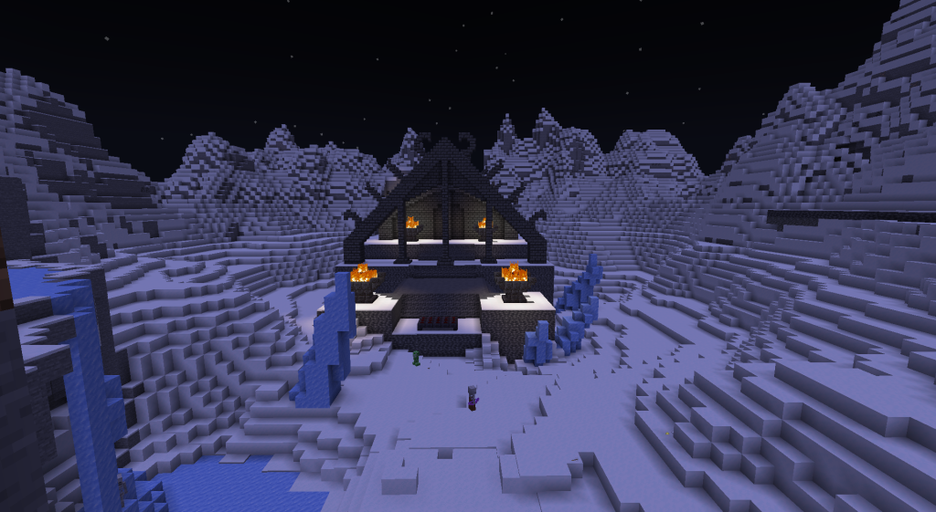 Minecraft build of a Nordic tomb in the mountains, inspired by Skyrim ruins and Elder Scrolls Nordic architecture. Exterior.