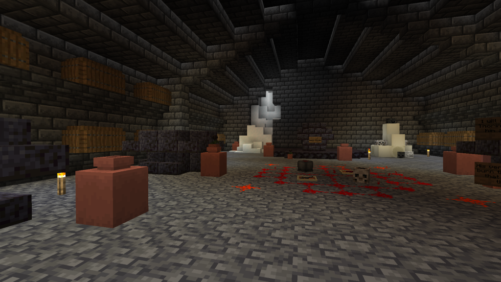 Minecraft build of a Nordic tomb in the mountains, inspired by Skyrim ruins and Elder Scrolls Nordic architecture. Interior.