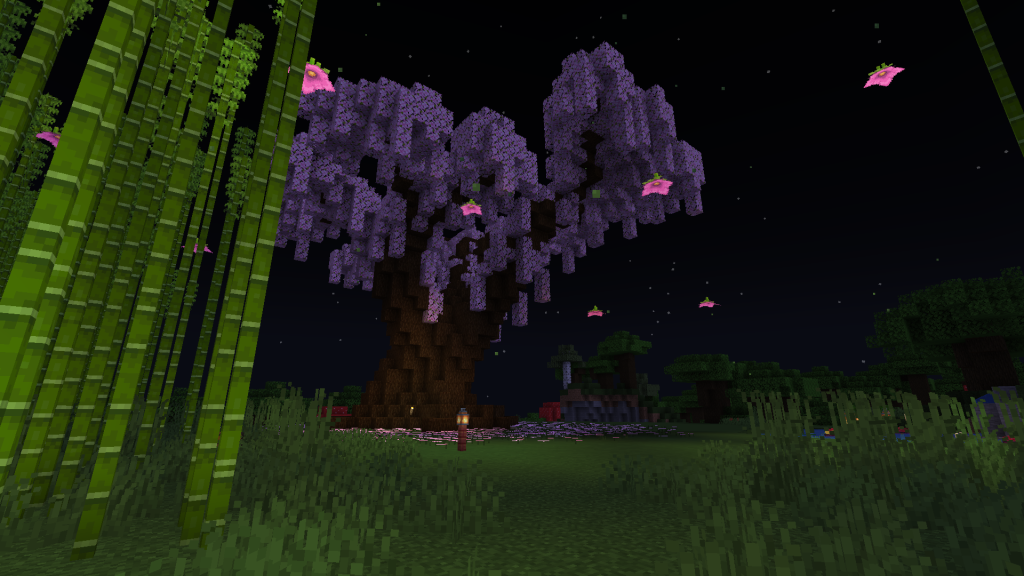 Skyrim Minecraft build Gardens of Akavir – massive cherry tree surrounded by bamboo, Daedric warriors, and a pond.