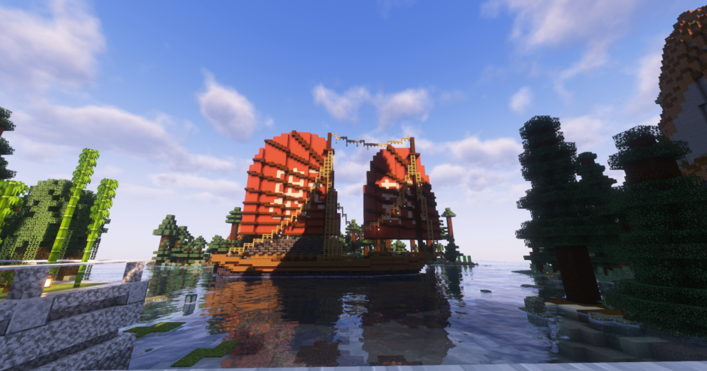 Akaviri Minecraft build Miyabi Tamashii trading ship – ornate Akaviri-style vessel sailing for the Proving Festival.