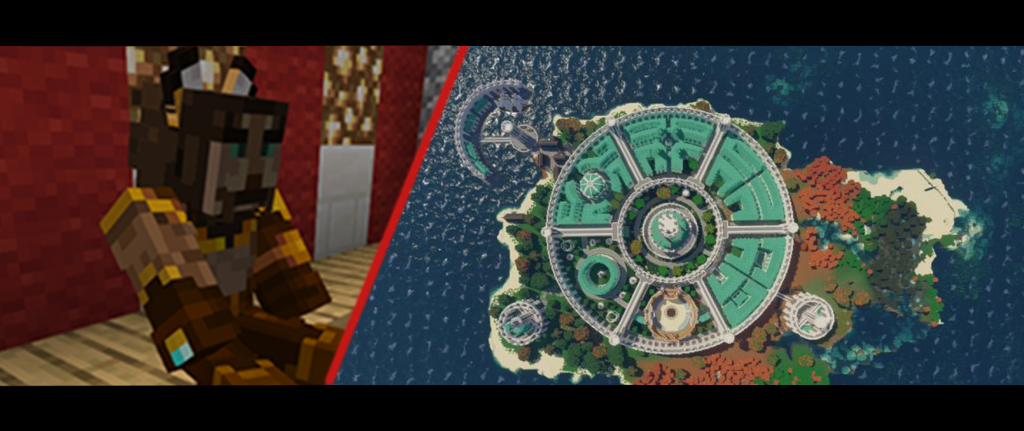 M’aiq the Liar sitting on a bench in the Imperial City in an Elder Scrolls Minecraft server, wandering NPC known for riddles and hints.