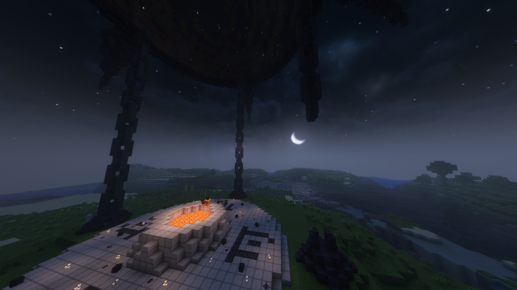 Elder Scrolls Online Minecraft Dark Anchor rebuild with Daedric chains and portal sky rift.