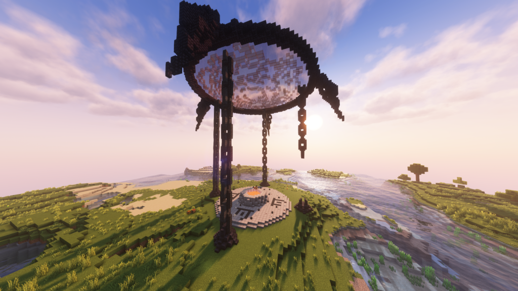 Elder Scrolls Online Minecraft Dark Anchor rebuild with Daedric chains and portal sky rift.