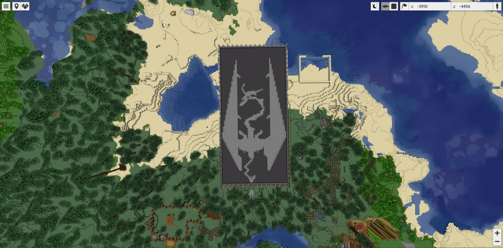 Skyrim logo Minecraft 2D pixel art recreation of the dragon emblem.
