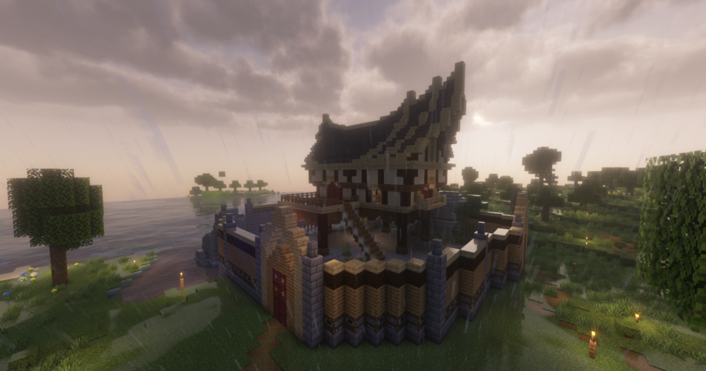 Elder Scrolls Online Sleek Creek House Minecraft rebuild along Strid River with stilted decks.