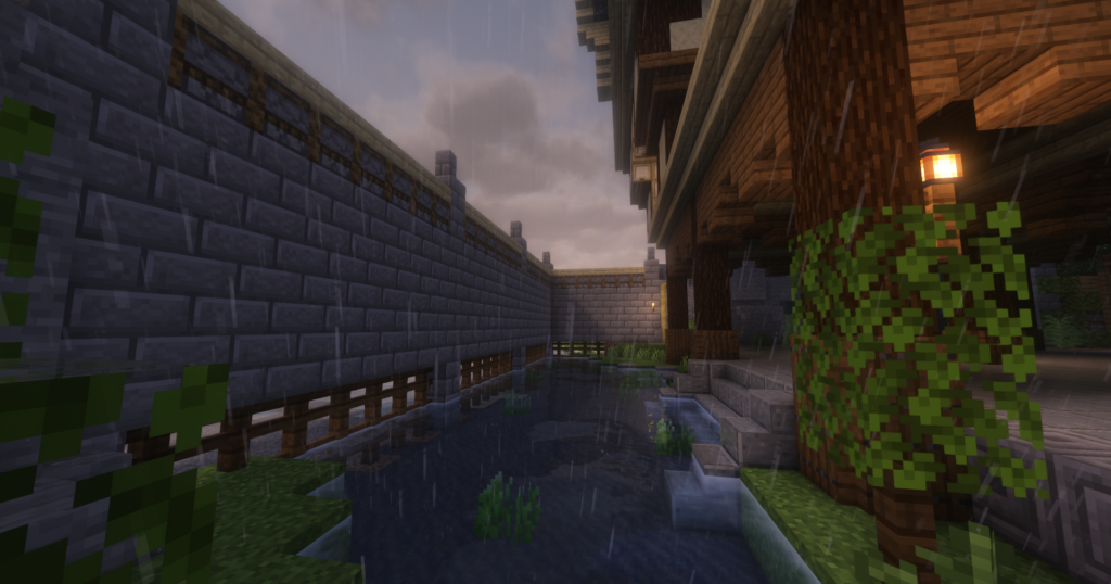 Elder Scrolls Online Sleek Creek House Minecraft rebuild along Strid River with stilted decks.