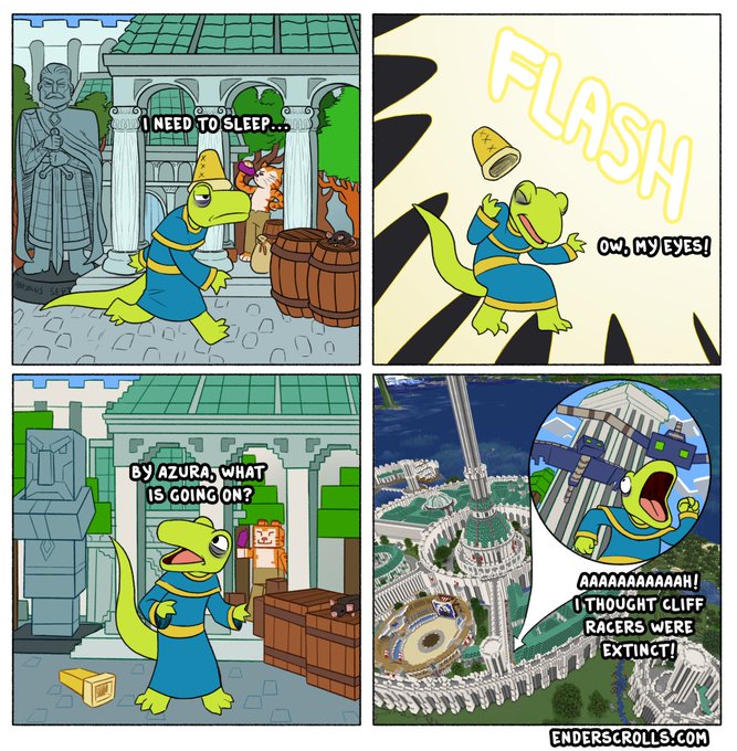 A comic of lizard nerevar from The Elder Scrolls witnessing a magical flash that transports the Imperial City into the world of Minecraft, mistaking Minecraft phantoms for Cliff Racers.
