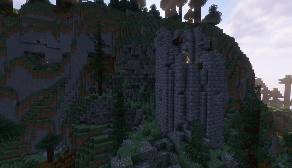 Ruined Falkreath Watchtower from Skyrim recreated in Minecraft on the Enderscrolls server.