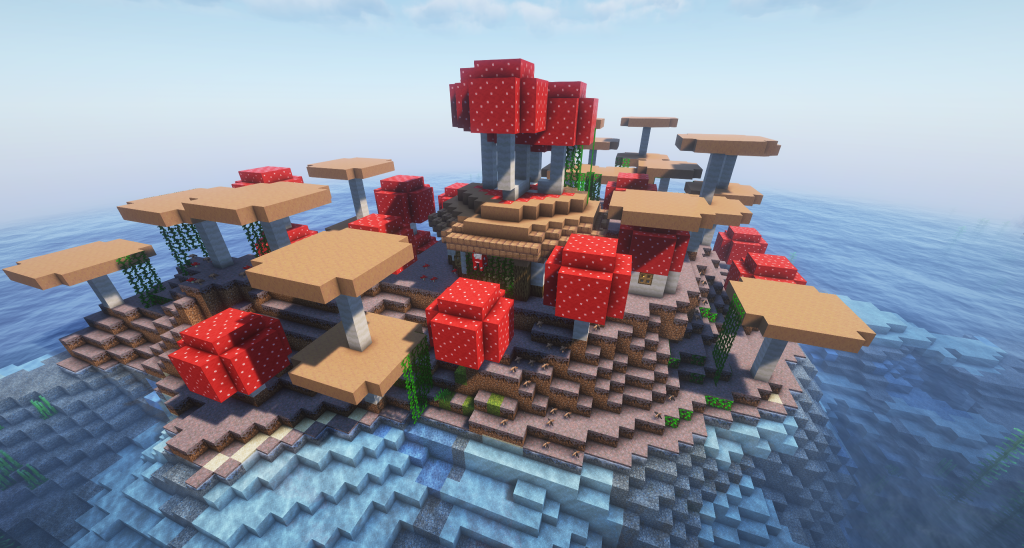 Dunmer outpost on remote mushroom islands with giant mushrooms and unique flora in the Enderscrolls Elder Scrolls Minecraft server.