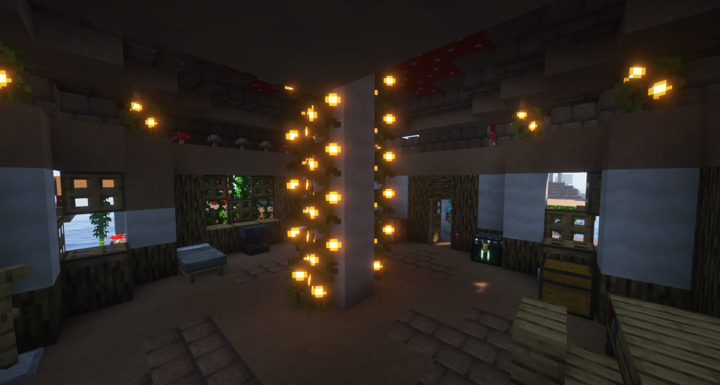 Dunmer outpost on remote mushroom islands with giant mushrooms and unique flora in the Enderscrolls Elder Scrolls Minecraft server.