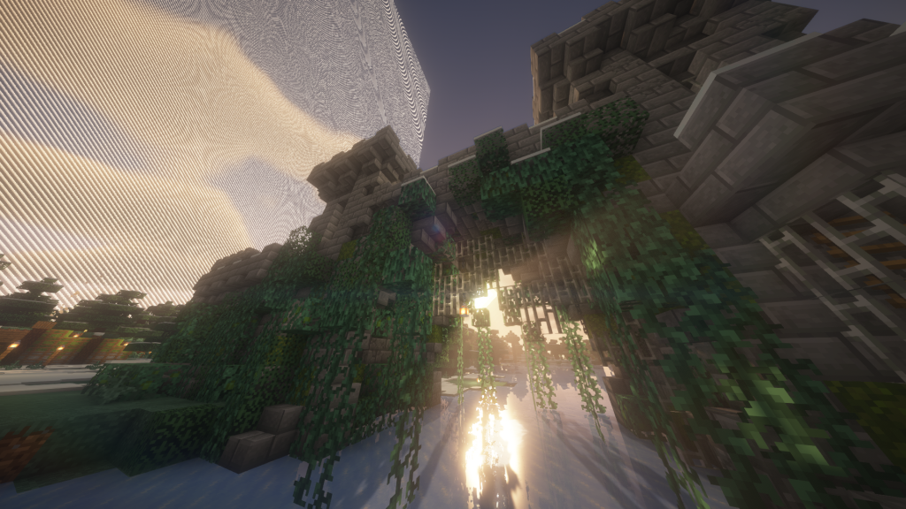Ancient ruined defensive wall reclaimed by nature in the Enderscrolls Elder Scrolls Minecraft server.