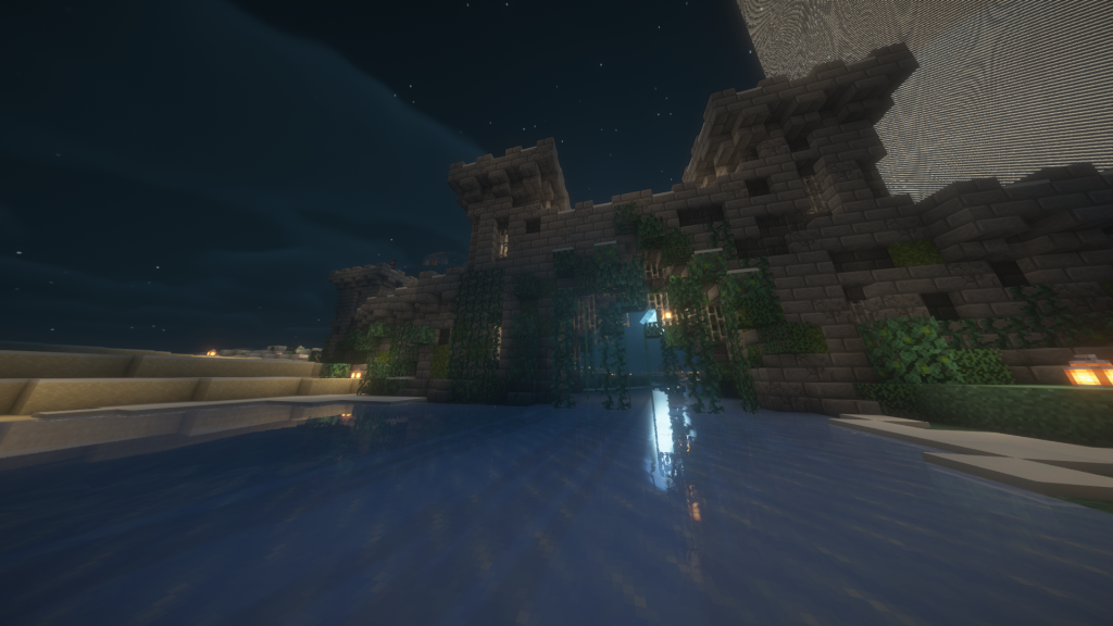 Ancient ruined defensive wall reclaimed by nature in the Enderscrolls Elder Scrolls Minecraft server.
